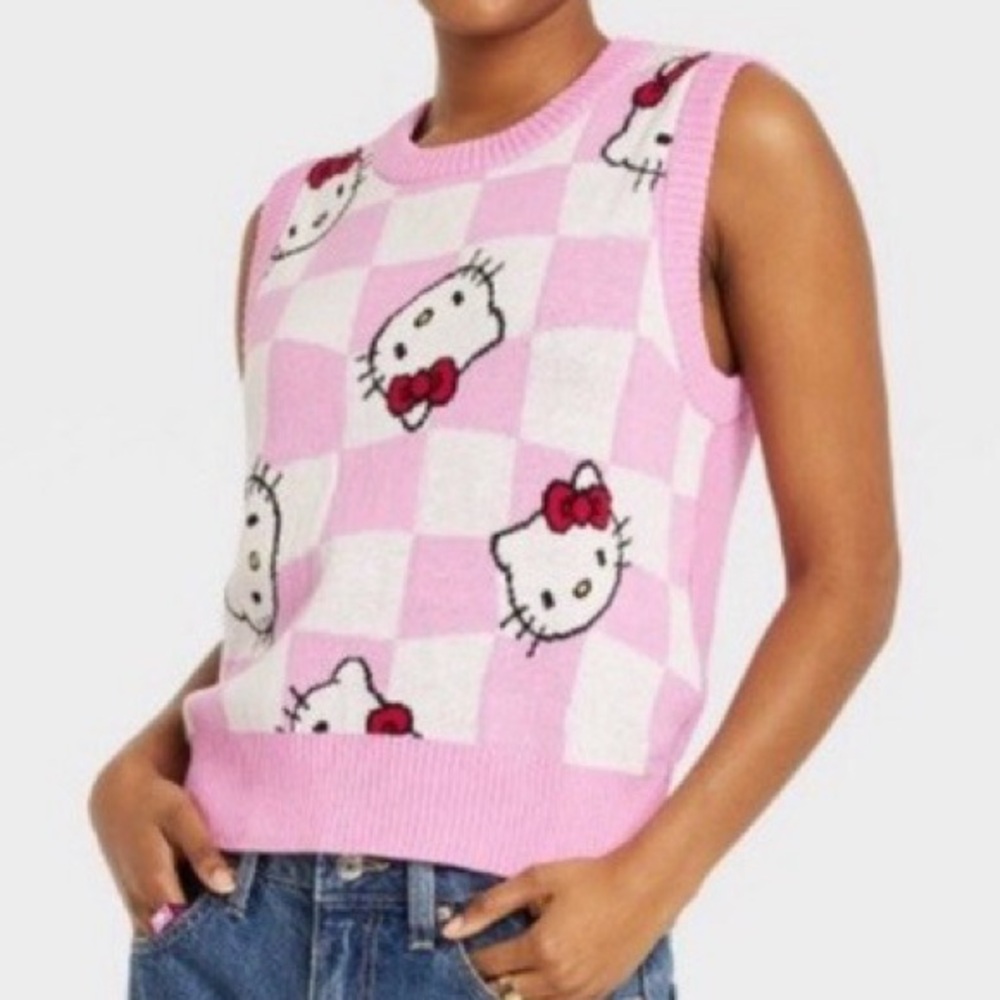 3/$25 ✨ Hello Kitty Pink Checkered Sweater Vest XS Kawaii Sanrio NWT